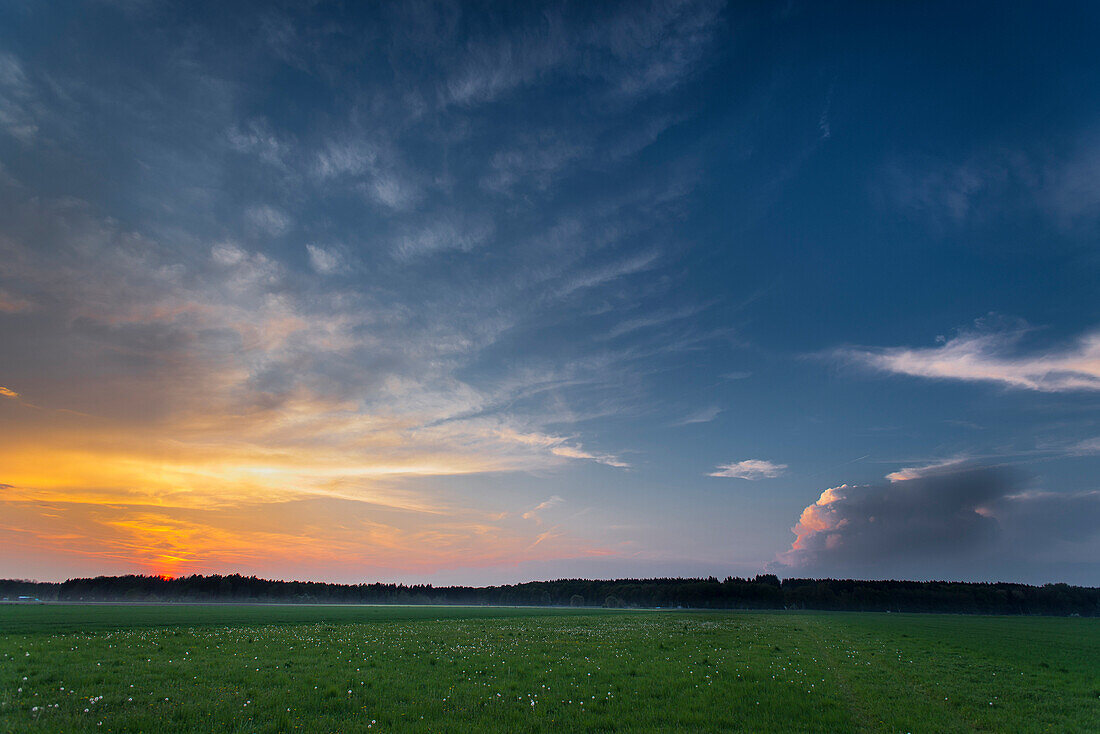 Sonnenuntergang mit großem Wolkenturm und grüner Wiese, Aubing, München, Oberbayern, Bayern, Deutschland