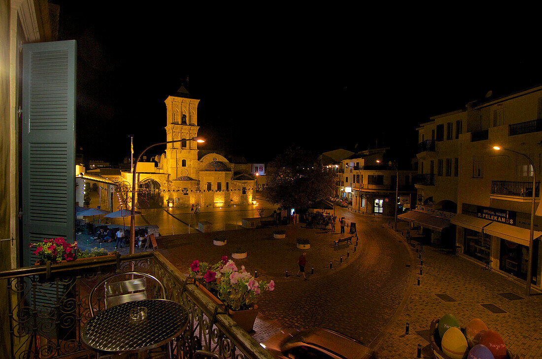 Illuminated Saint Lazarus church after sunset seen fromm balcony, Larnaca, Larnaca District, Cyprus