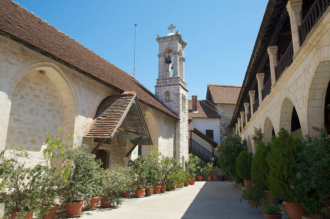 View into the yard of Chrysoroyiatissa Monastery in Pano Panagia, Troodos mountains, Cyprus