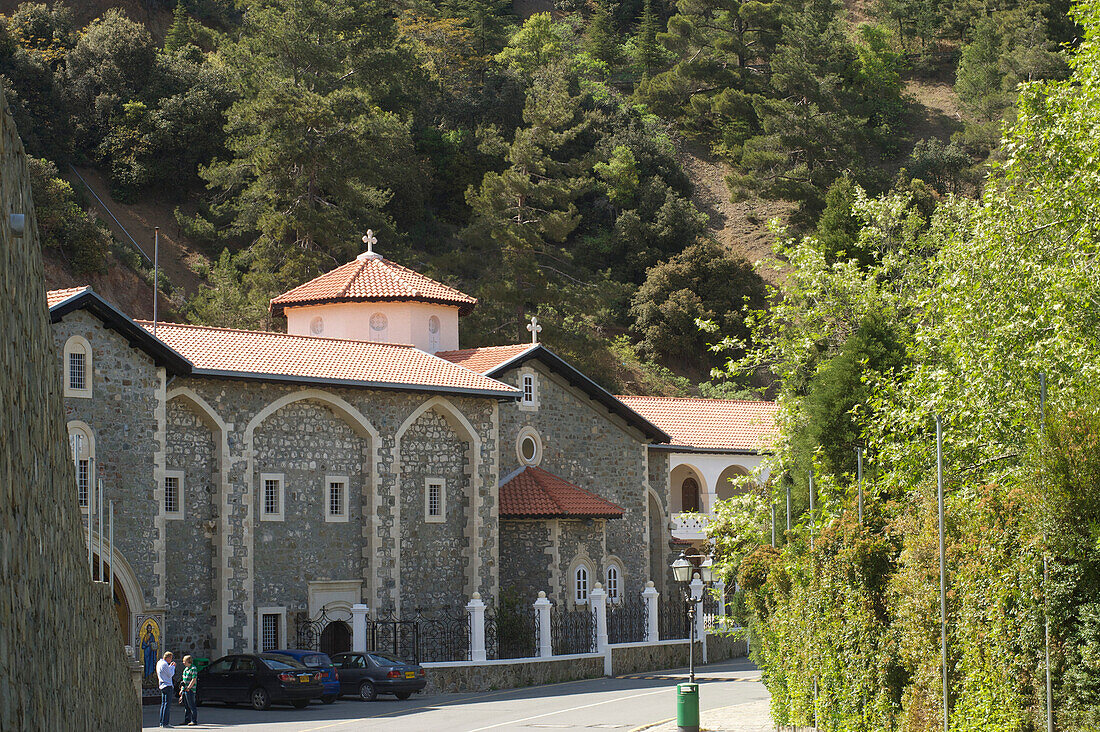 View from outside to the greek orthodox church of Kykko Monastery, Troodos mountains, Cyprus