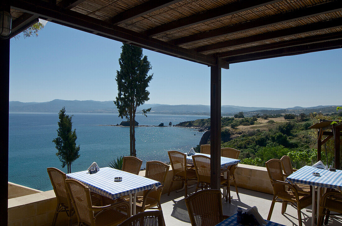 Restaurant above the sea next to the Baths of Aphrodite west of Latchi, Akamas peninsula, Paphos distict, Cyprus