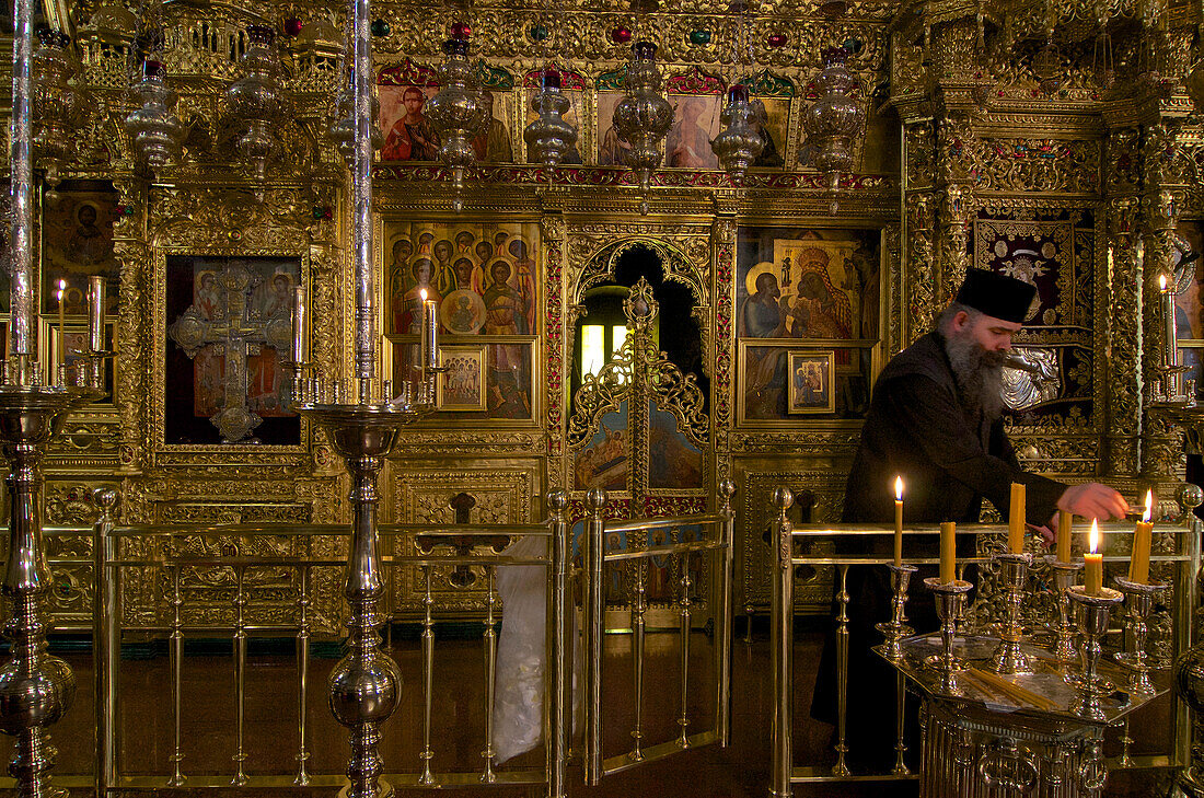 View into the greek orthodox church of Kykko Monastery, altar with icons, Troodos mountains, Cyprus