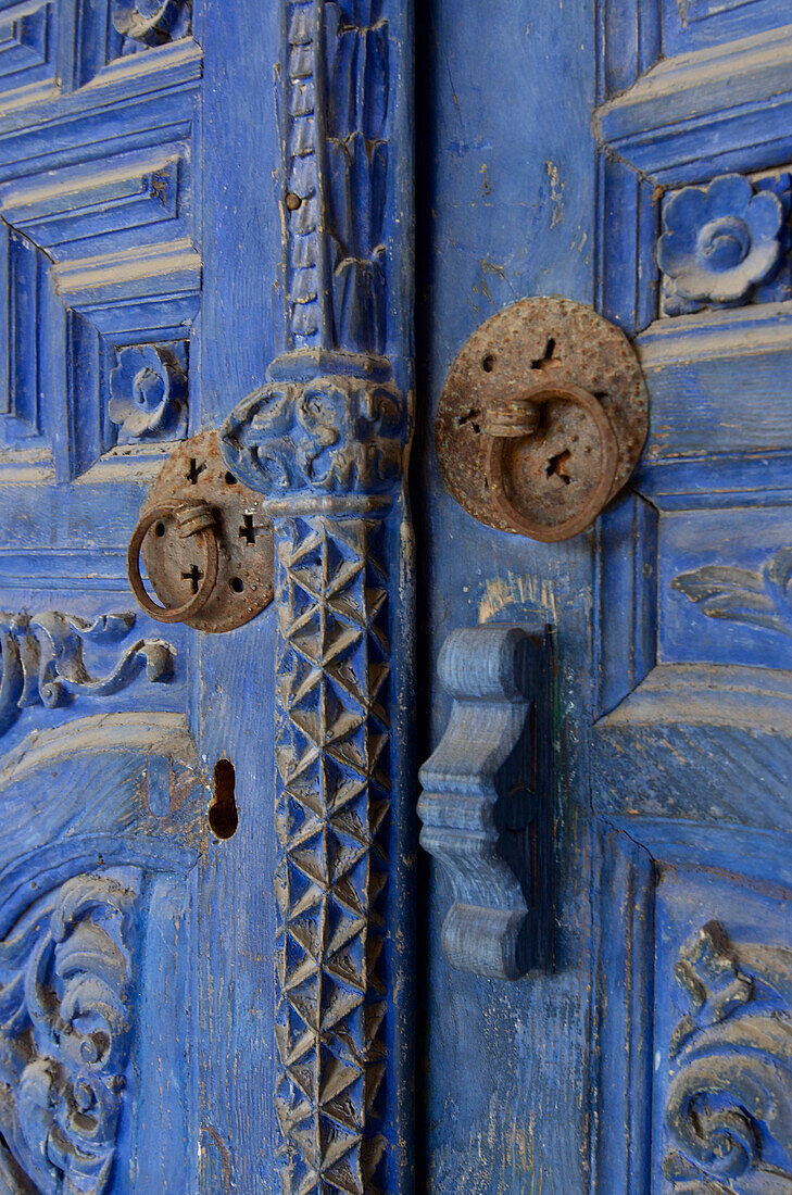 Blue wooden door in Odomos south of the Troodos mountains, Cyprus