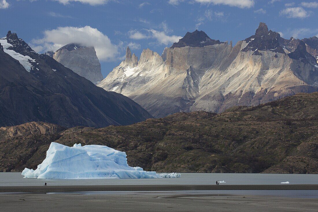 Cuerno Principal above Grey Lake and iceberg, Torres del Paine National Park, Chile