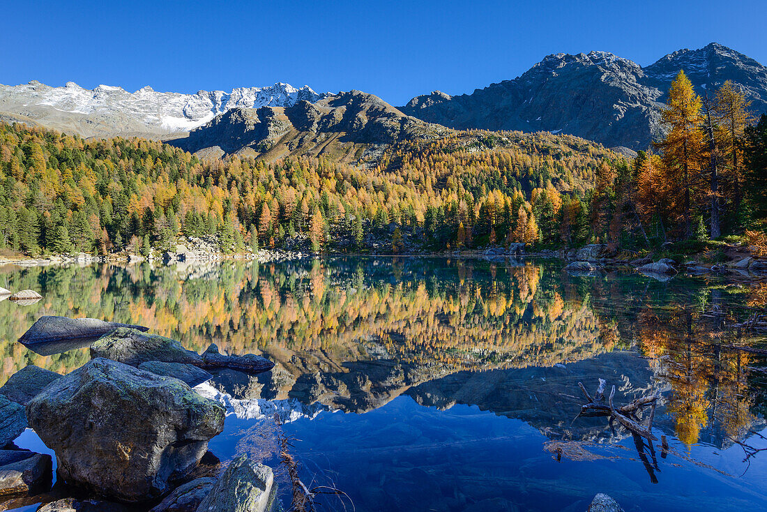 Lake Saoseo (2028 m) with Scima di Saoseo (3264 m), Cima da Rugiul (2987 m) and Piz dal Teo (3049 m), Valposchiavo, Grisons, Switzerland