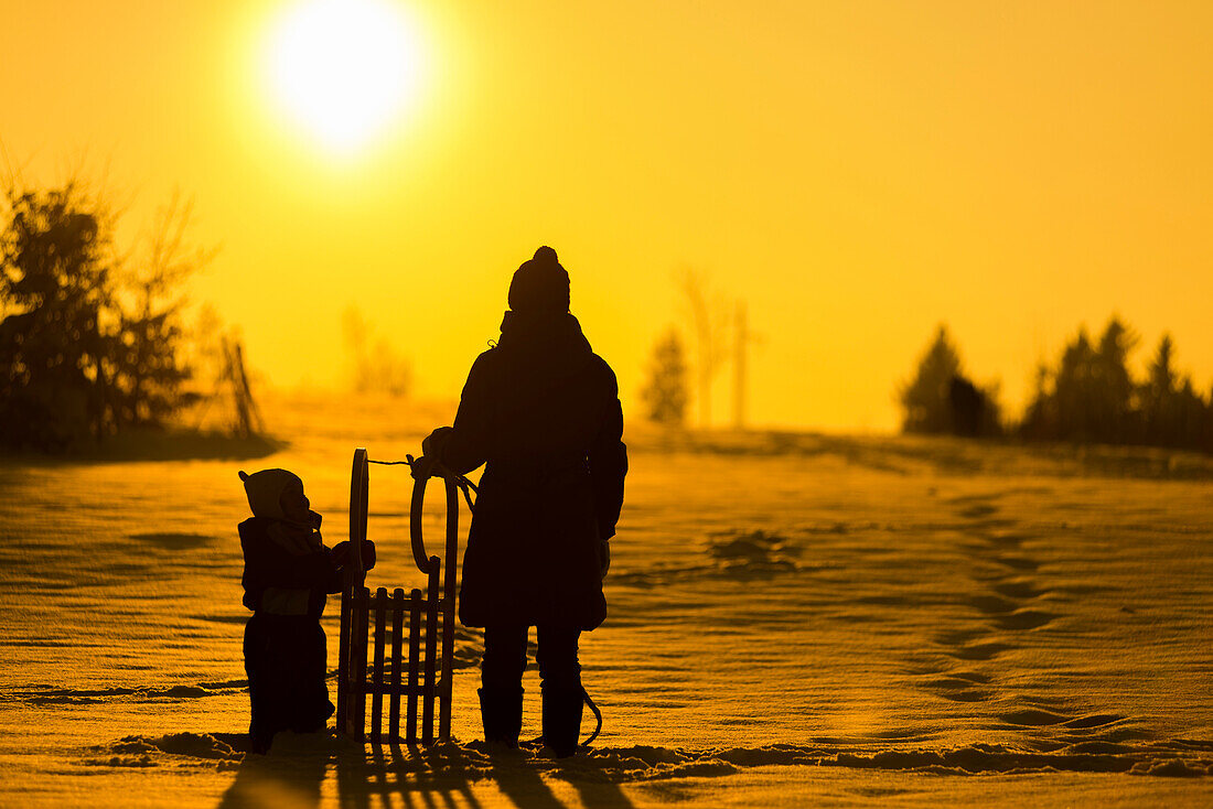 Mutter steht mit kleinem Kind und Schlitten im Schnee und schauen die Wintersonne an, Gegenlichtaufnahme, Aubing, München, Bayern, Deutschland