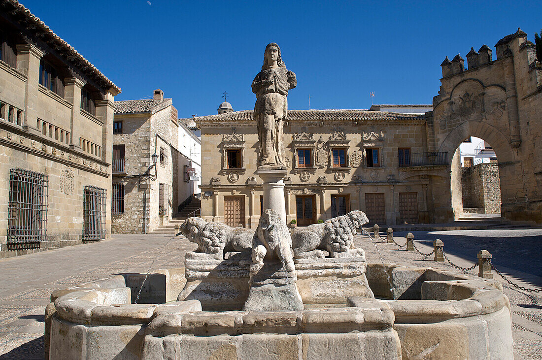 Lions fountain on the Plaza del Populo in Baeza, Jaen province, Andalusia, Spain