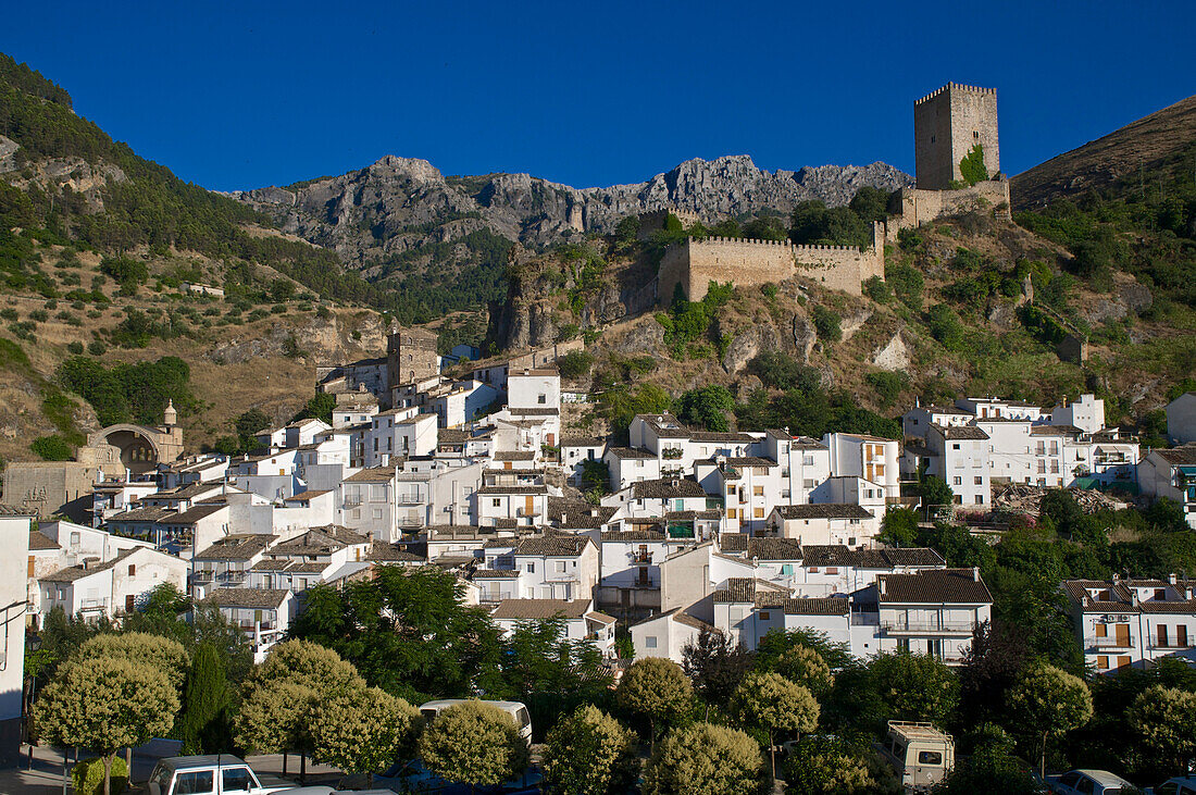 The Moorish fort of Cazorla high above the white houses of the old town in Sierras de Cazorla, Segura y las Villas, Jaen province, Andalusia, Spain