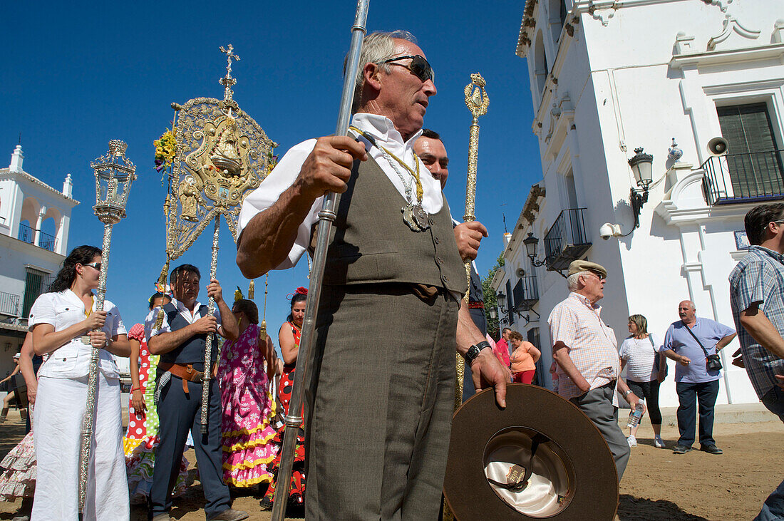 Pilgrims in front of the church at El Rocio at Pentecost, Huelva, Andalusien, Spanien