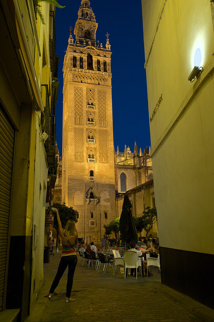 Blick auf die Kathedrale von der Calle de Placentines, Giralda, Glockenturm, Sevilla, Andalusien, Spanien