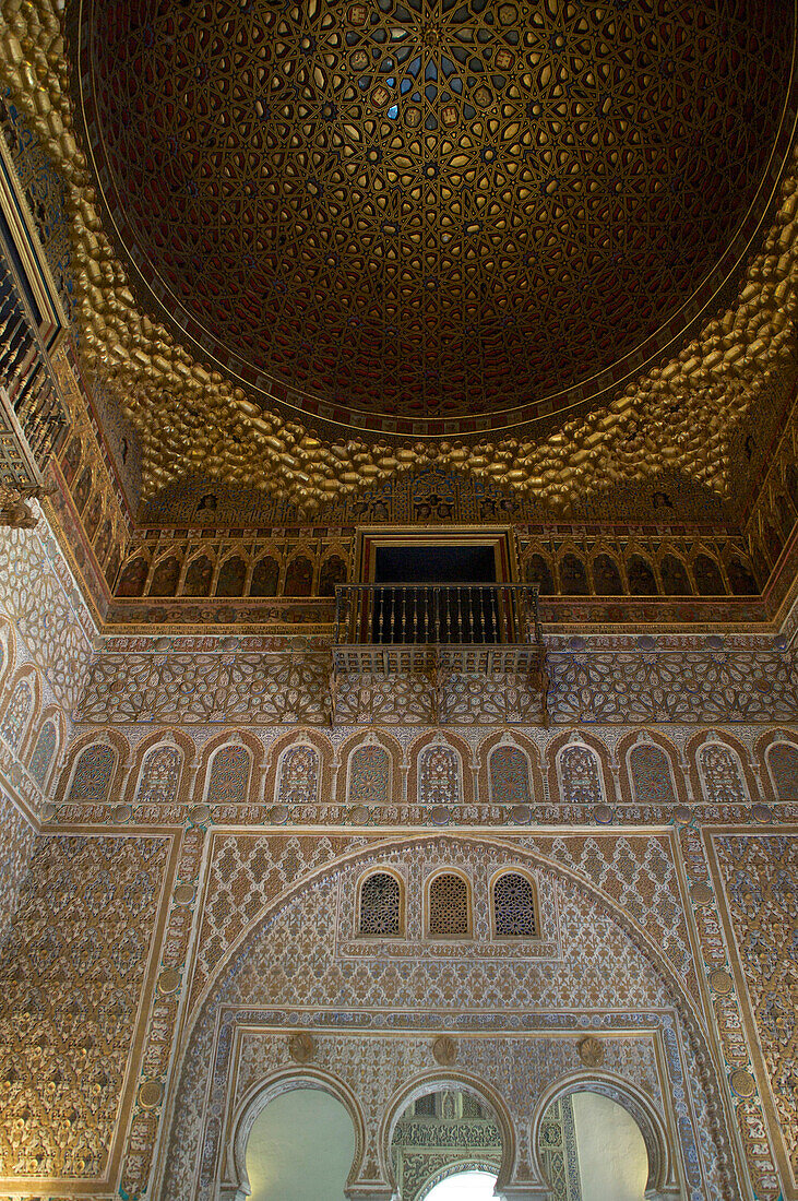 Moorish cuppola and wall decorations in the Alcazar, Sevilla, Andalusia, Spain, Europe