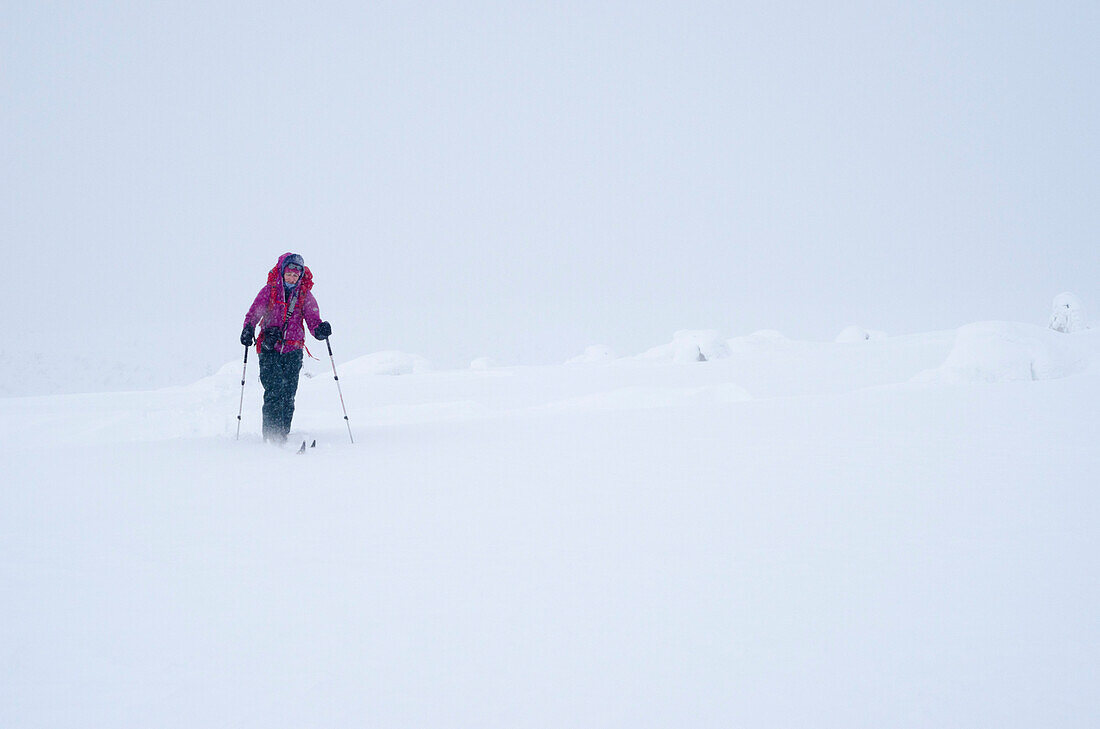 A young woman on backcountry skis is walking in deep snow, Urho Kekkonen National Park, finnish Lapland, Finland