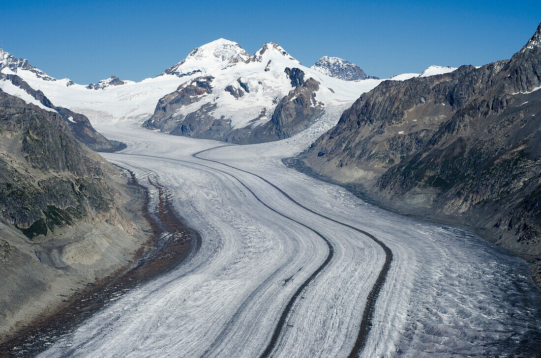 The Great Aletsch Glacier with the peaks of Moench, Trugberg and Eiger, from left to right, Bernese Alps, canton of Valais, Switzerland