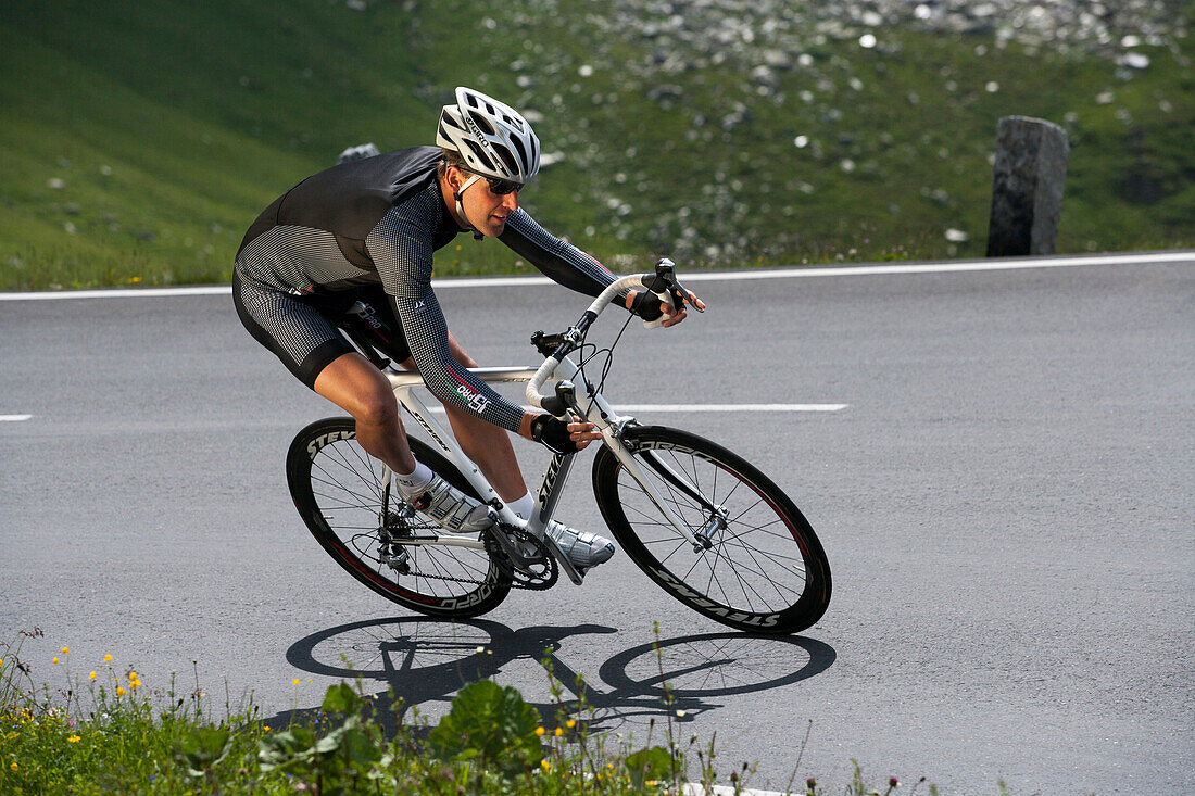 Cyclist on the Grossglockner road, Tyrol, Carinthia, Austria