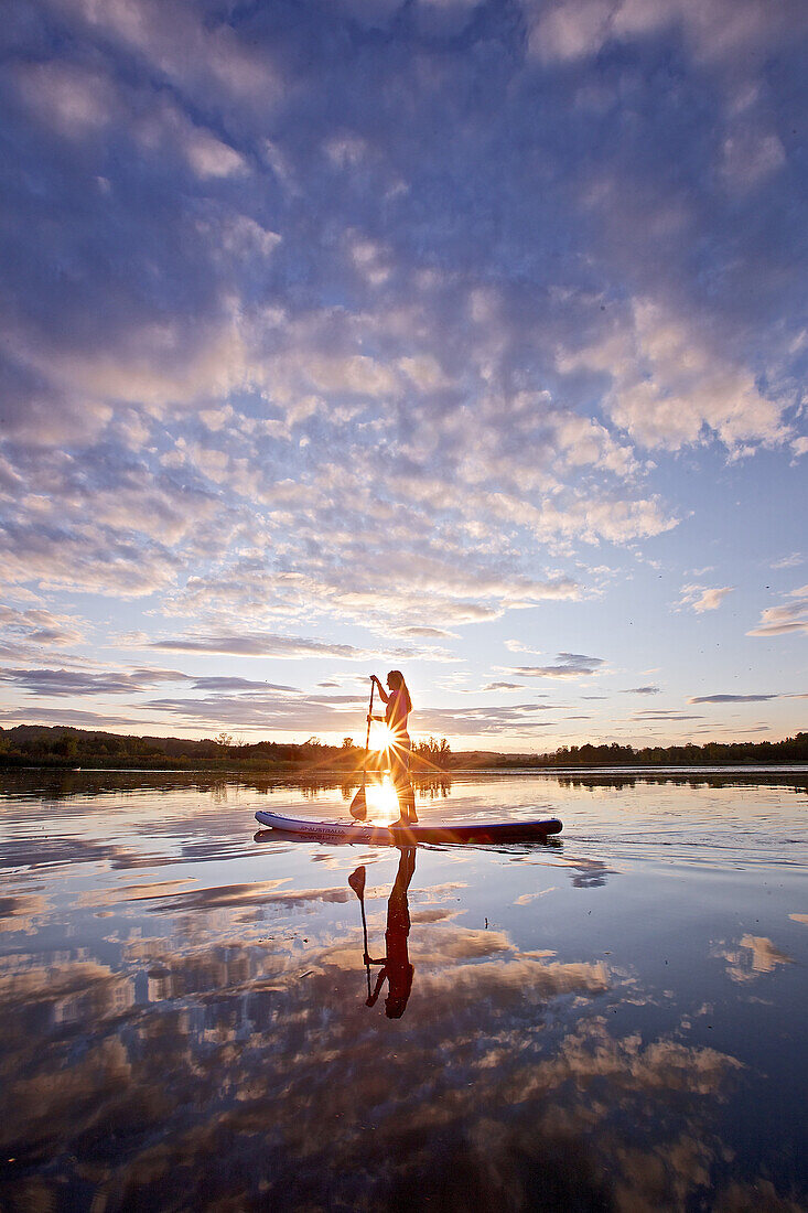 Woman stand up paddling on lake Chiemsee in sunset, Chiemgau, Bavaria, Germany