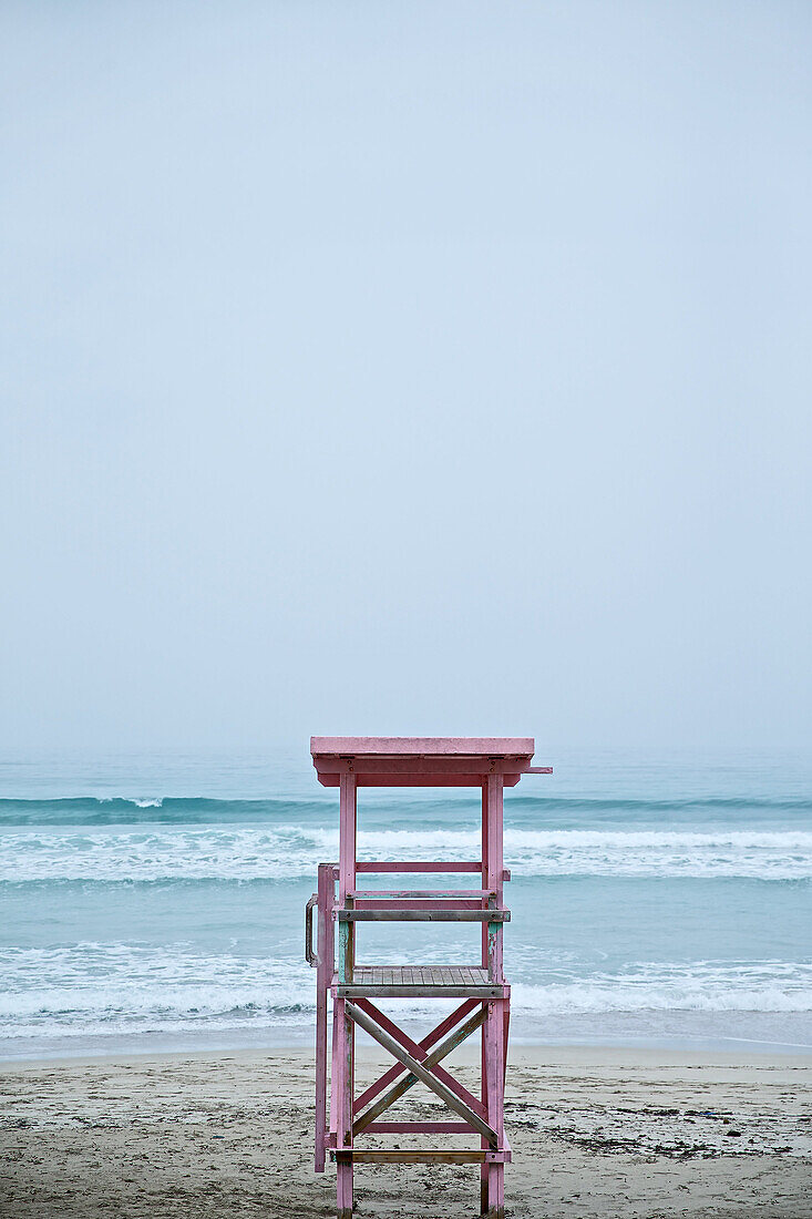 Colourful high seat on a beach by the sea, Mallorca, Spain