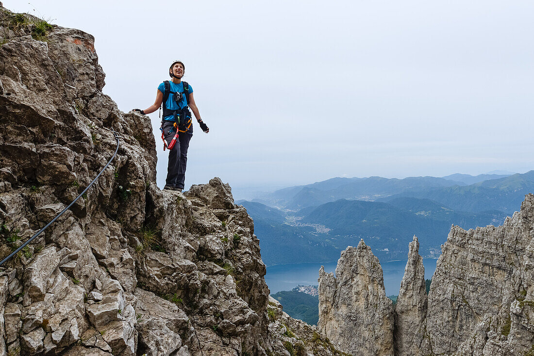 Woman on a Via Ferrata at the Grigna Settentrionale (2408 m, Grignetta), Lake Como, Italy