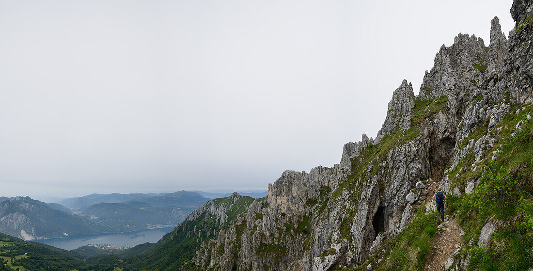 Hiker on the Sentiero Direttissima at the Grigna Settentrionale (2408 m, Grignetta), Lake Como, Italy