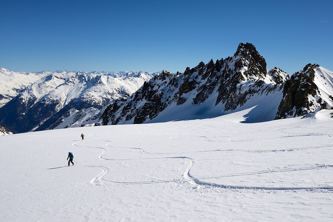 Zwei Skifahrer (Telemarker) fahren über Sarsuragletscher, Anfang der 1600 Höhenmeter langen Abfahrt Richtung Susch, Graubünden, Schweiz, Europa