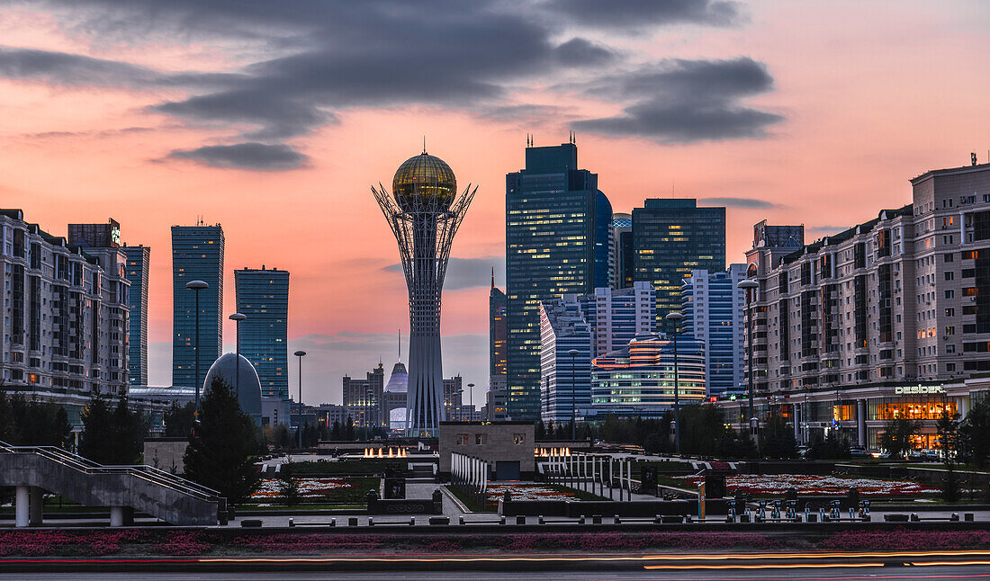 Skyline of Astana with Bajterek Tower, Khan Shatyr Center and skyscrapers, Nurzhol Boulevard, City center, Kazakhstan, Central Asia, Asia