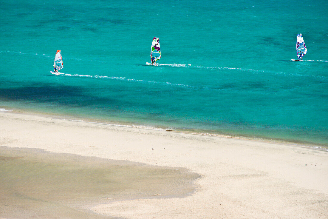 Surfers and bathing vistitors at the beach, Playas de Sotavento de Jandia, Risco del Paso, Fuerteventura, Canary Islands, Spain