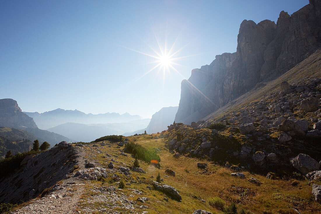 View from Gardena Pass to the East at sunrise, Val Gardena, the Dolomites, South Tyrol, Italy