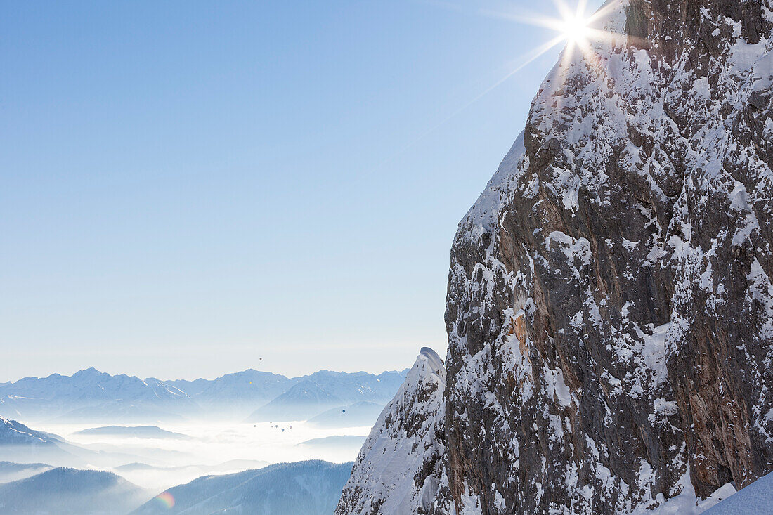 hot-air ballons above Enns valley, seen from Tennengebirge mountains, Salzburg, Austria