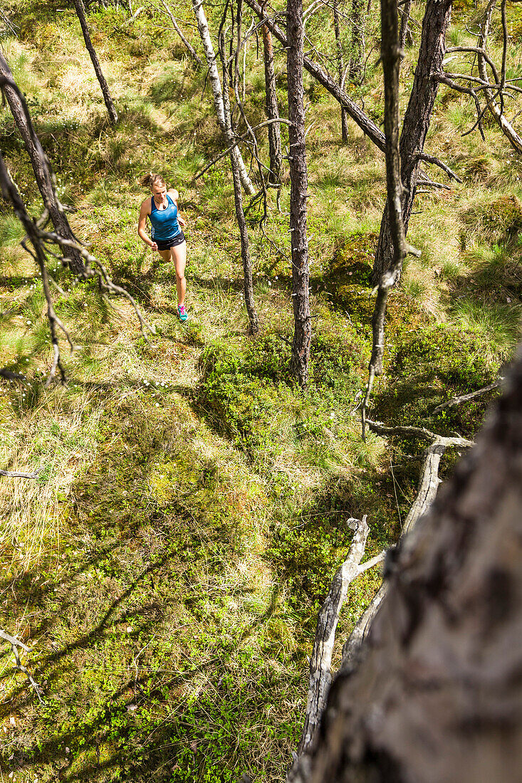 junge Frau joggt im Moorwald, Berg am Starnberger See, Oberbayern, Deutschland