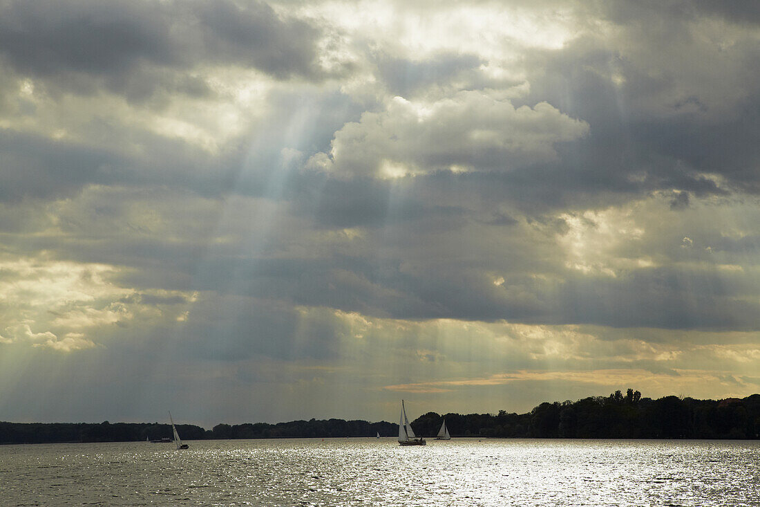Sailing boat on lake Wannsee before a thunderstorm, Brandenburg, Germany, Europe