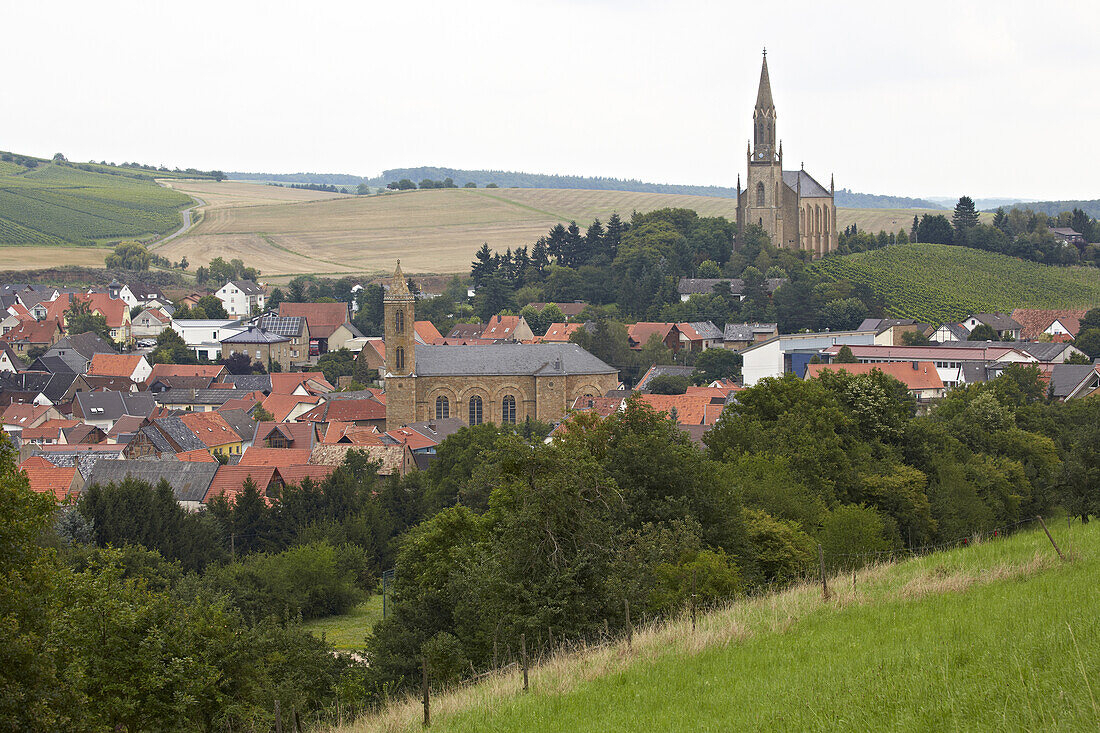 View at Waldboeckelheim with Protestant church (above) and Catholic church (below), Administrative district of Bad Kreuznach, Region of Nahe-Hunsrueck, Rhineland-Palatinate, Germany, Europe