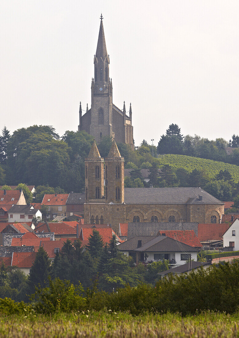 View of Waldboeckelheim with Protestant church (above) and Catholic church (below), Administrative district of Bad Kreuznach, Region of Nahe-Hunsrueck, Rhineland-Palatinate, Germany, Europe