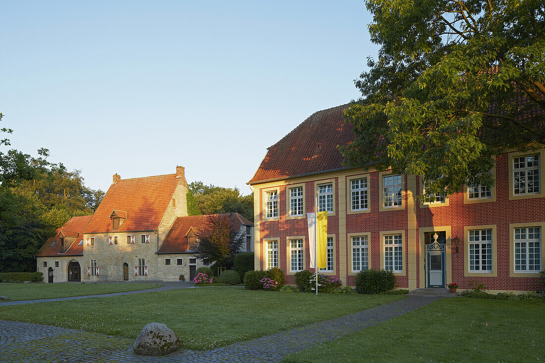 Sunrise , Mallinckrodthaus at the  Burgplatz at Stromberg - town of Oelde , Muensterland , North Rhine-Westphalia , Germany , Europe