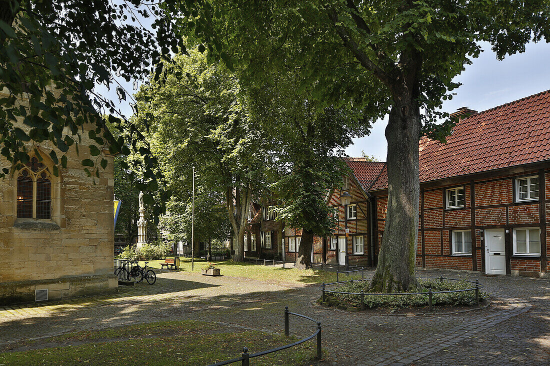 Listed houses at the place Johanniskirchplatz , Billerbeck , Baumberge , Muensterland , North Rhine-Westphalia , Germany , Europe