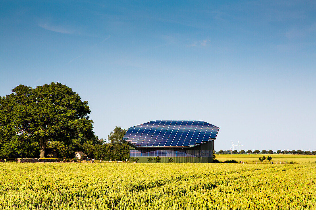 Solar panels on a stable roof, Baltic Coast, Schleswig-Holstein, Germany