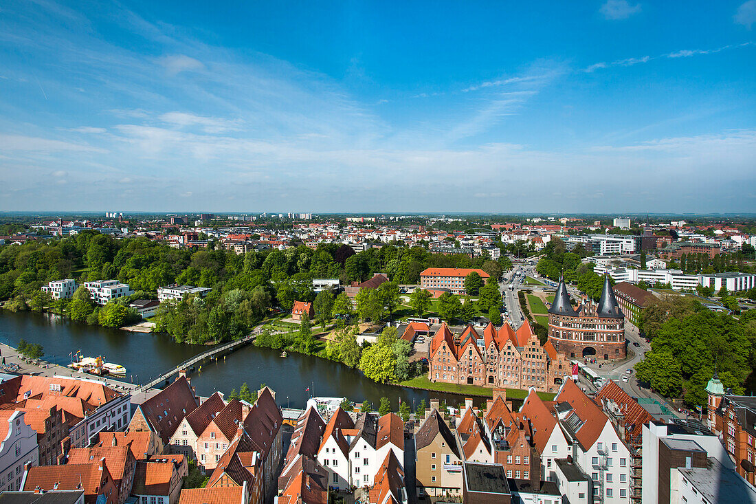View towards the city gate Holstentor, Hanseatic City, Luebeck, Schleswig-Holstein, Germany