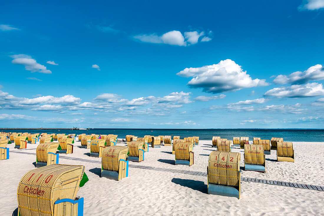 Beach with beach chairs, Groemitz, Baltic Coast, Schleswig-Holstein, Germany