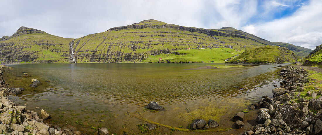 Waterfall and lake near Saksun, Streymoy Island, Faroe Islands