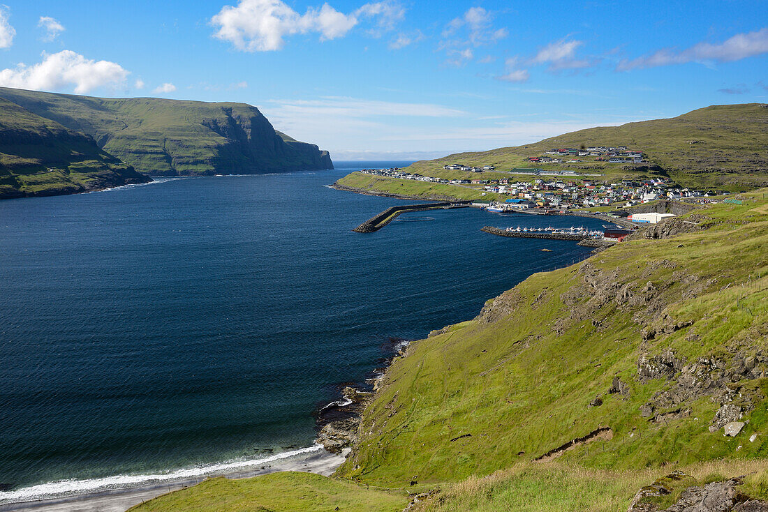 Eidi with harbor, Eysturoy Island, Faroe Islands