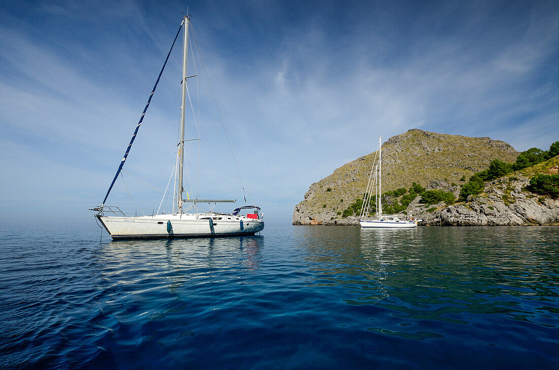 Two sailing yachts anchored in the bay Cala de Calobra, Mallorca, Balearic Islands, Spain, Europe