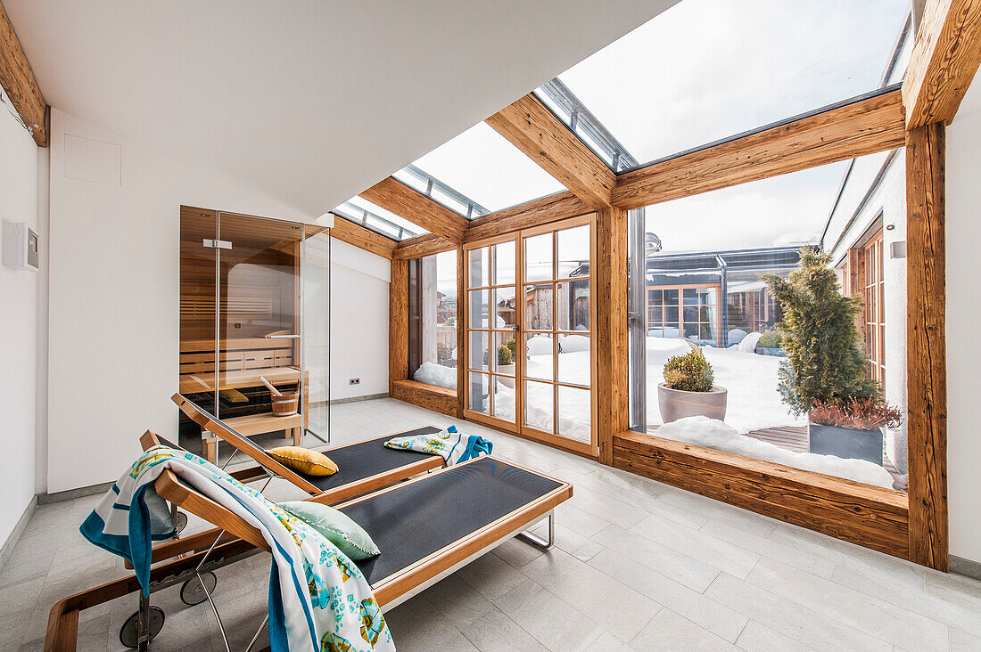 wellness area in the penthouse in a modern alpine style, Kitzbuehel, Tyrol, Austria, Europe