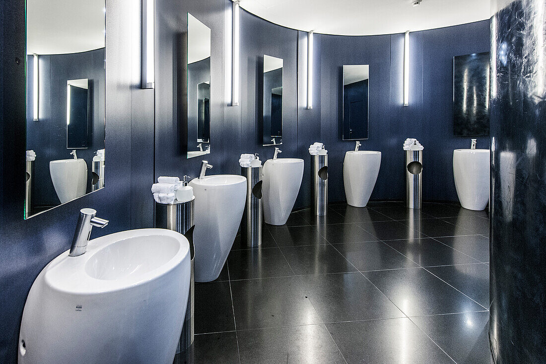 modern toilets in the RedBull Hangar 7 in Salzburg, Salzburg, Austria, Europe