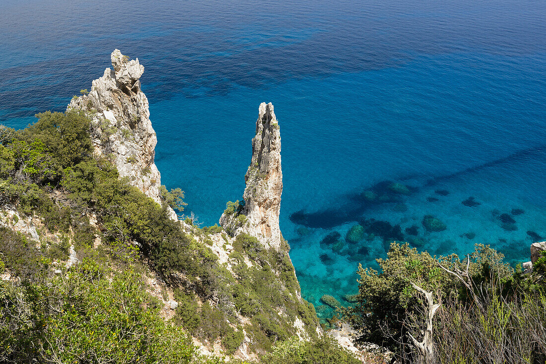 Felsnadeln oberhalb des Meeres an der gebirgigen Küste, Golfo di Orosei, Selvaggio Blu, Sardinien, Italien, Europa