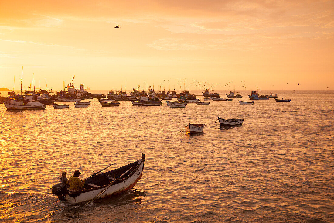 Fishing boats at sunset, Salaverry near Trujillo, La Libertad, Peru