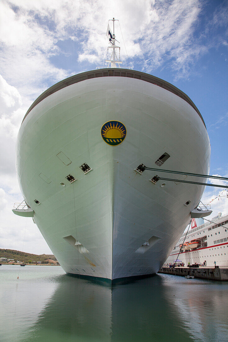 Bow of cruiseship Emerald Princess (Princess Cruises) at pier, St. John's, St. John, Antigua, Antigua and Barbuda