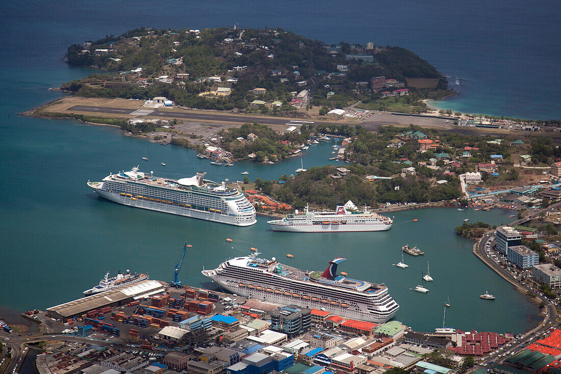 Aerial view of cruise ships Carnival Victory (Carnival Cruise Lines), Allure of the Seas (Royal Caribbean International) and MS Deutschland (Reederei Peter Deilmann), Castries, Castries, Saint Lucia