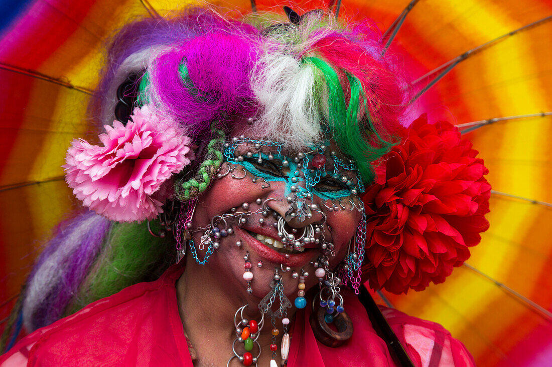 With more than 9,500 piercings, Elaine Davidson is featured in the Guinness Book of World Records as the most pierced woman alive, Edinburgh, Scotland, United Kingdom