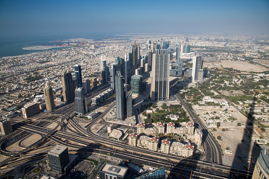 View across skyline from At The Top observation deck on level 124 of Burj Khalifa tower, Dubai, Dubai, United Arab Emirates