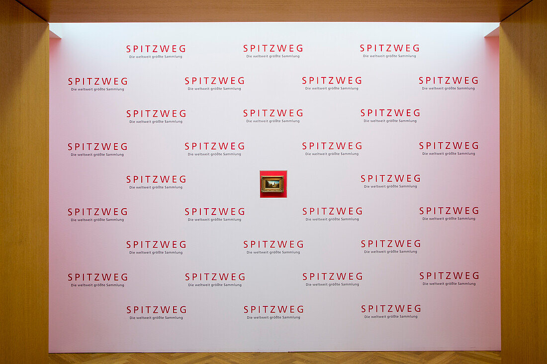 Wandöffnung gibt Vorschau auf Gemälde Der strickende Wachtposten von Carl Spitzweg im Museum Georg Schäfer, Schweinfurt, Franken, Bayern, Deutschland, Europa