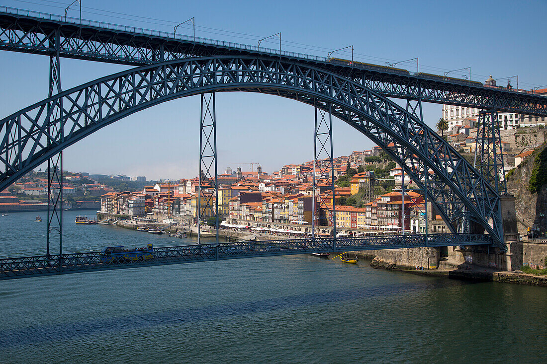 Ponte de Dom Luis bridge over Douro river with Ribeira old town and historical center, Porto, Norte, Portugal