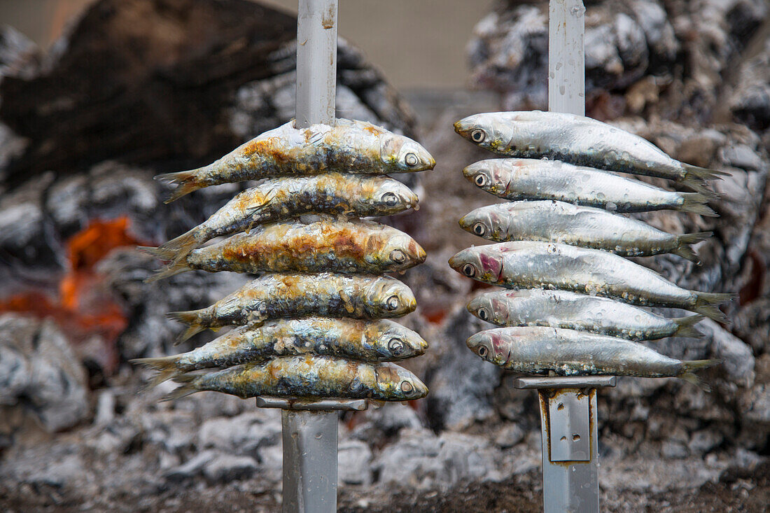 Sardines are grilled over charcoal at Caleta Playa beach restaurant, Malaga, Costa del Sol, Andalusia, Spain